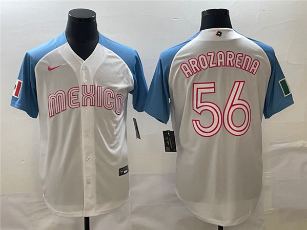 Men's Mexico Baseball #56 Randy Arozarena 2023 White Blue World Baseball Classic Stitched Jersey